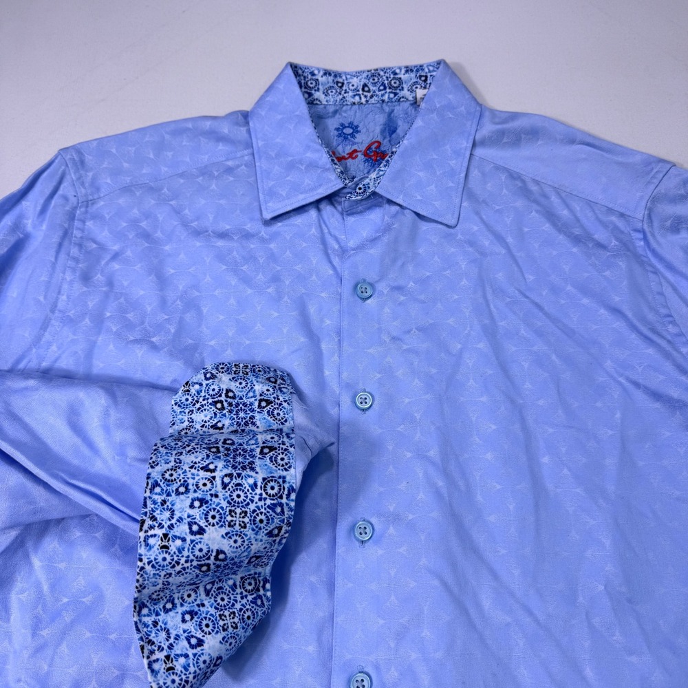 Robert Graham Mens Classic Fit Blue Jacquard Flip Cuff Button Down Shirt Medium
